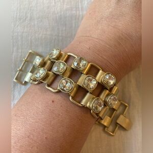 Antiqued Gold Tone Book Chain Design Bracelet w/ Bezel Set Clear Stones‎